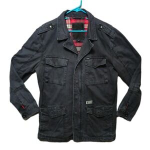 HURLEY Field Jacket Mens Large Black Cotton Military Utility Plaid Lined